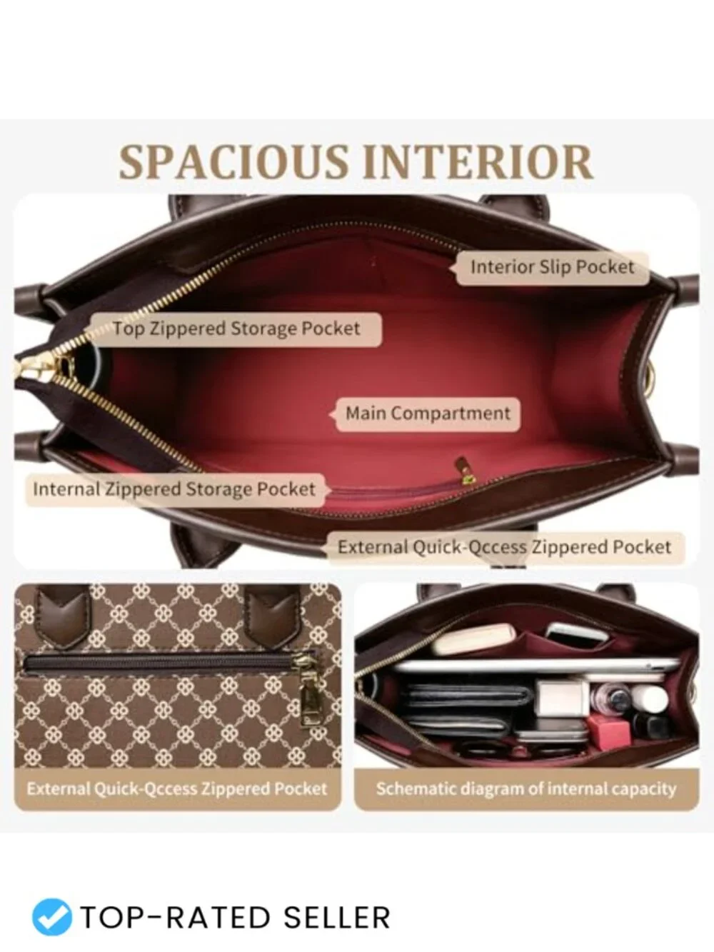 Women's Satchel Bag 3-Piece Set PU Leather with Plaid Bow Top Handle Crossbody